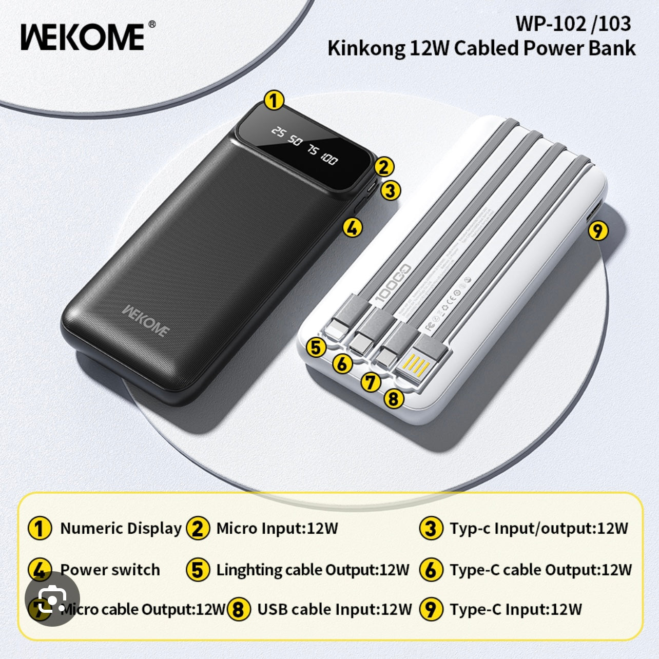 WP-102 Kinkong 12W Cabled Power Bank (10000mAh)