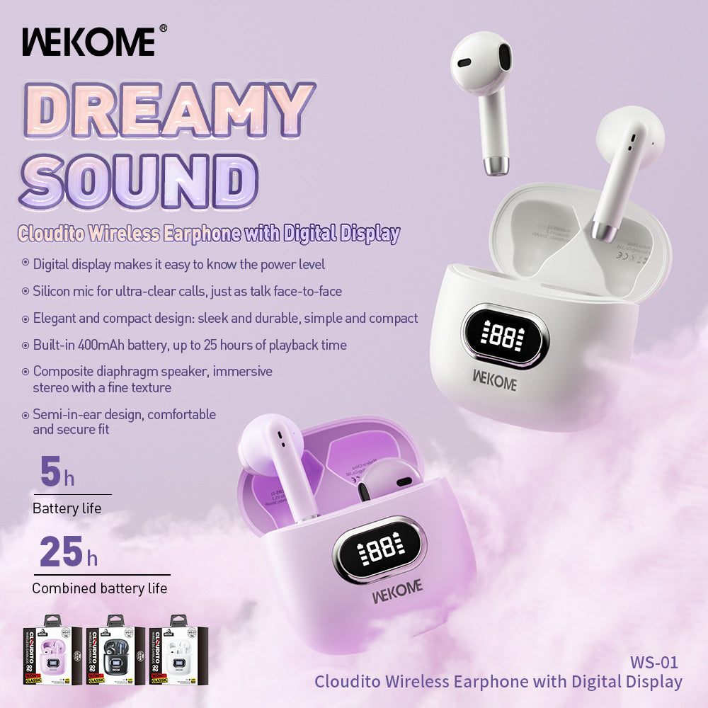 WS-01 Small Cloud Digital Display Wireless Bluetooth Earphone