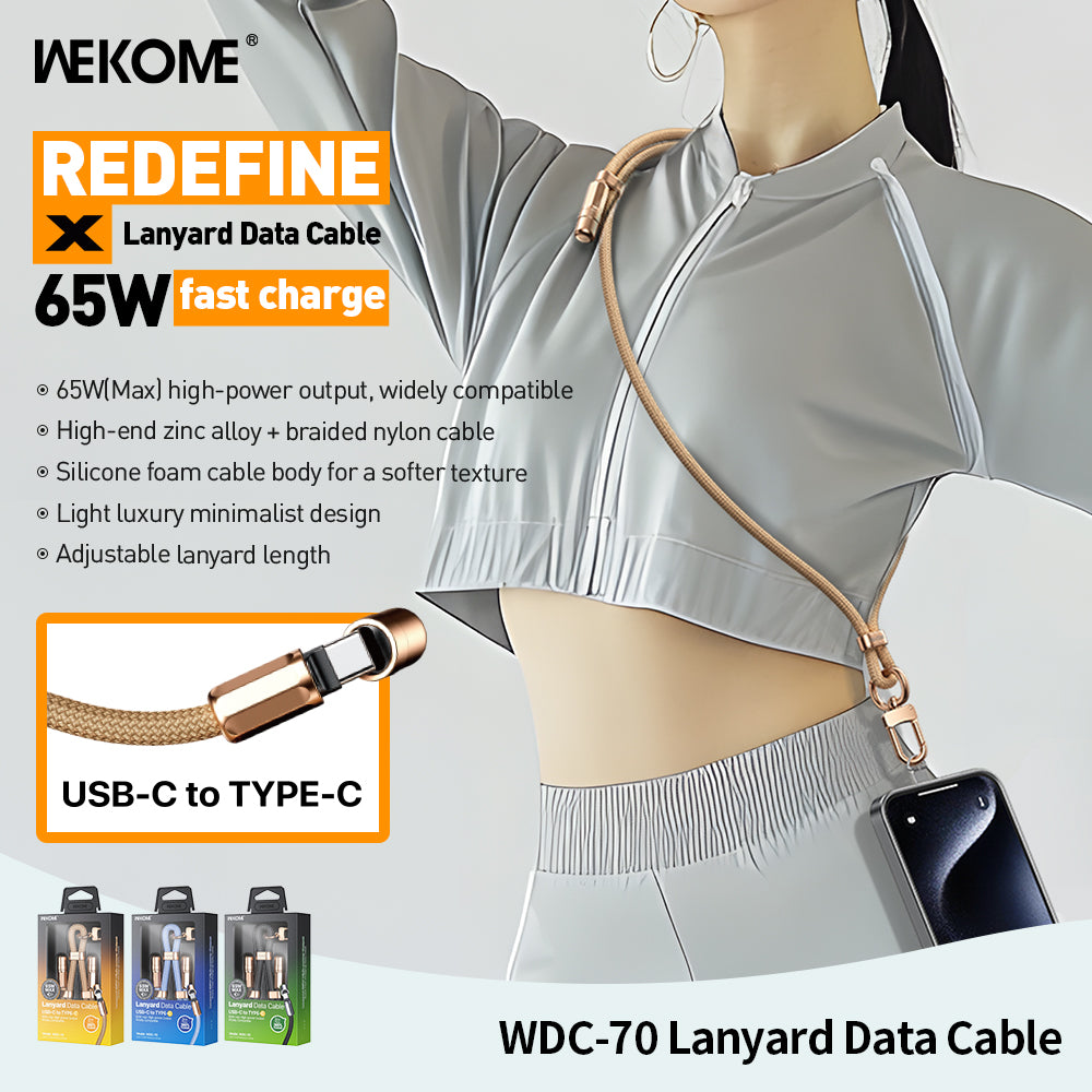 WDC-70 Premium 65W Fast Charging USB-C Lanyard Cable - 1.6M Braided Nylon