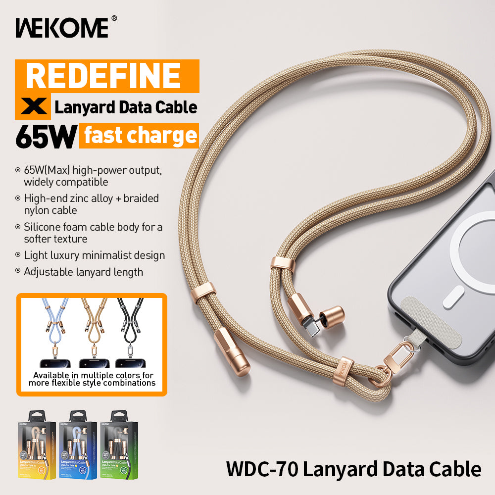 WDC-70 Premium 65W Fast Charging USB-C Lanyard Cable - 1.6M Braided Nylon