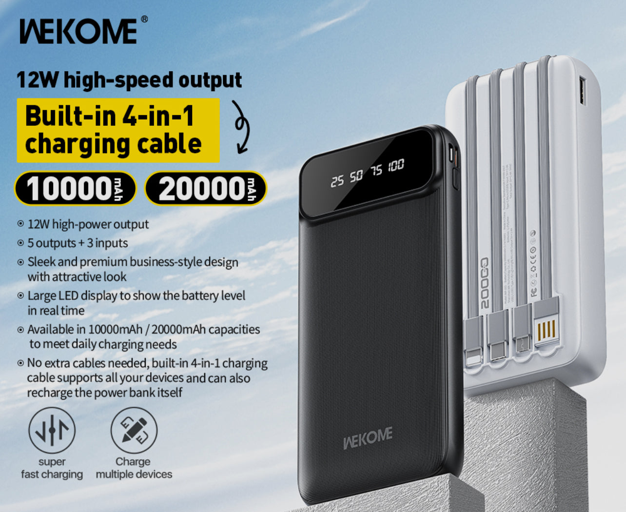 WP-102 Kinkong 12W Cabled Power Bank (10000mAh)